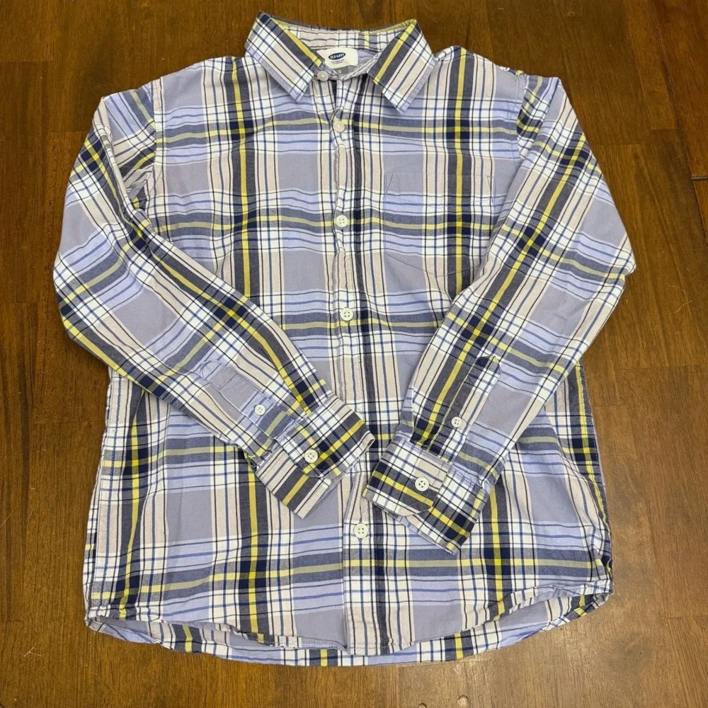 Old Navy Plaid Long Sleeve Button Up‎ Shirt Kids Size L G 10/12 Blue Yellow